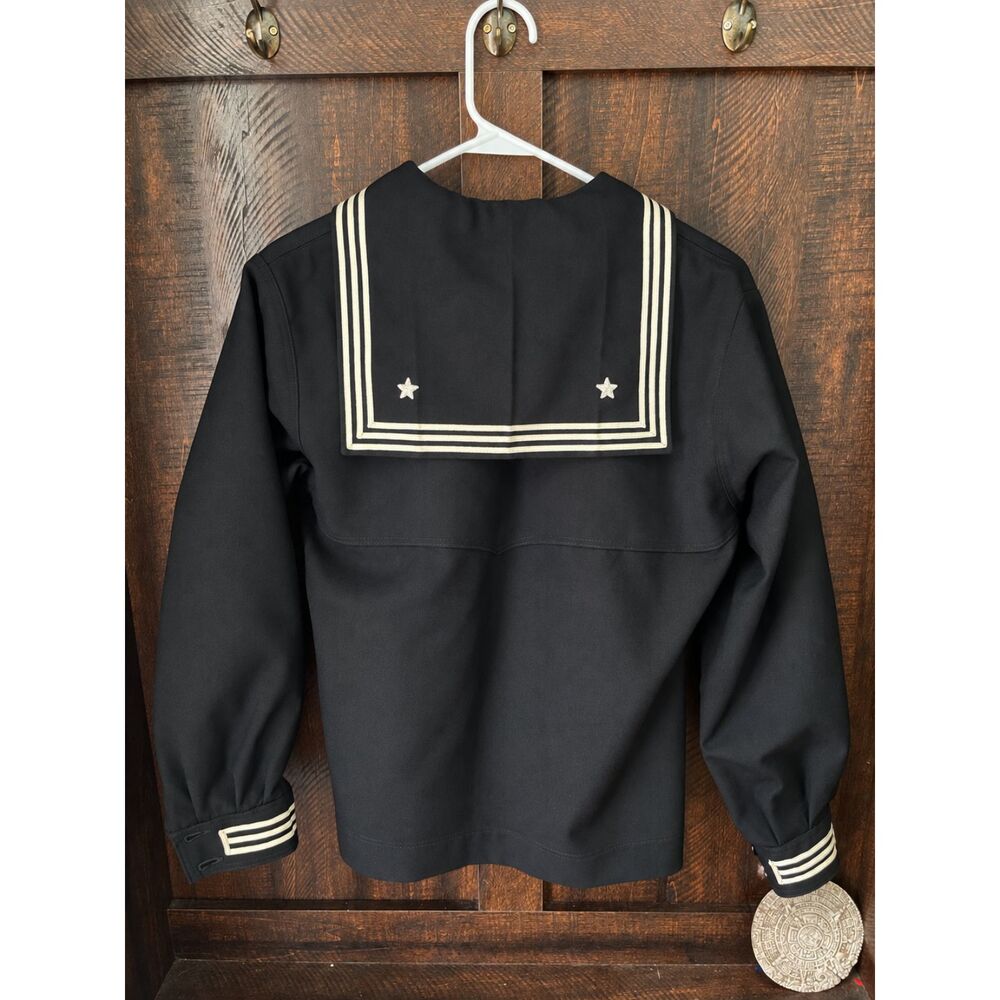 Vintage Black Sailor Middy Blouse Nautical Pullover Star Collar Striped denim